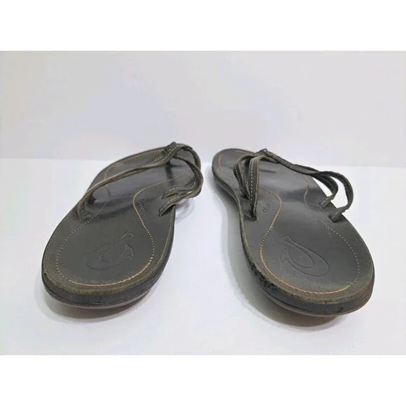 Olukai Womens Size 8 “U’i” Sahara Black Leather Double Strap Sandal Flip Flops - Picture 3 of 6